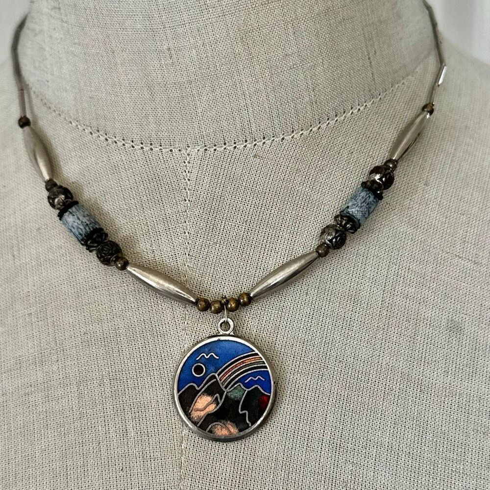 Artisan Enamel Mountain & Rainbow Scene Pendant Necklace